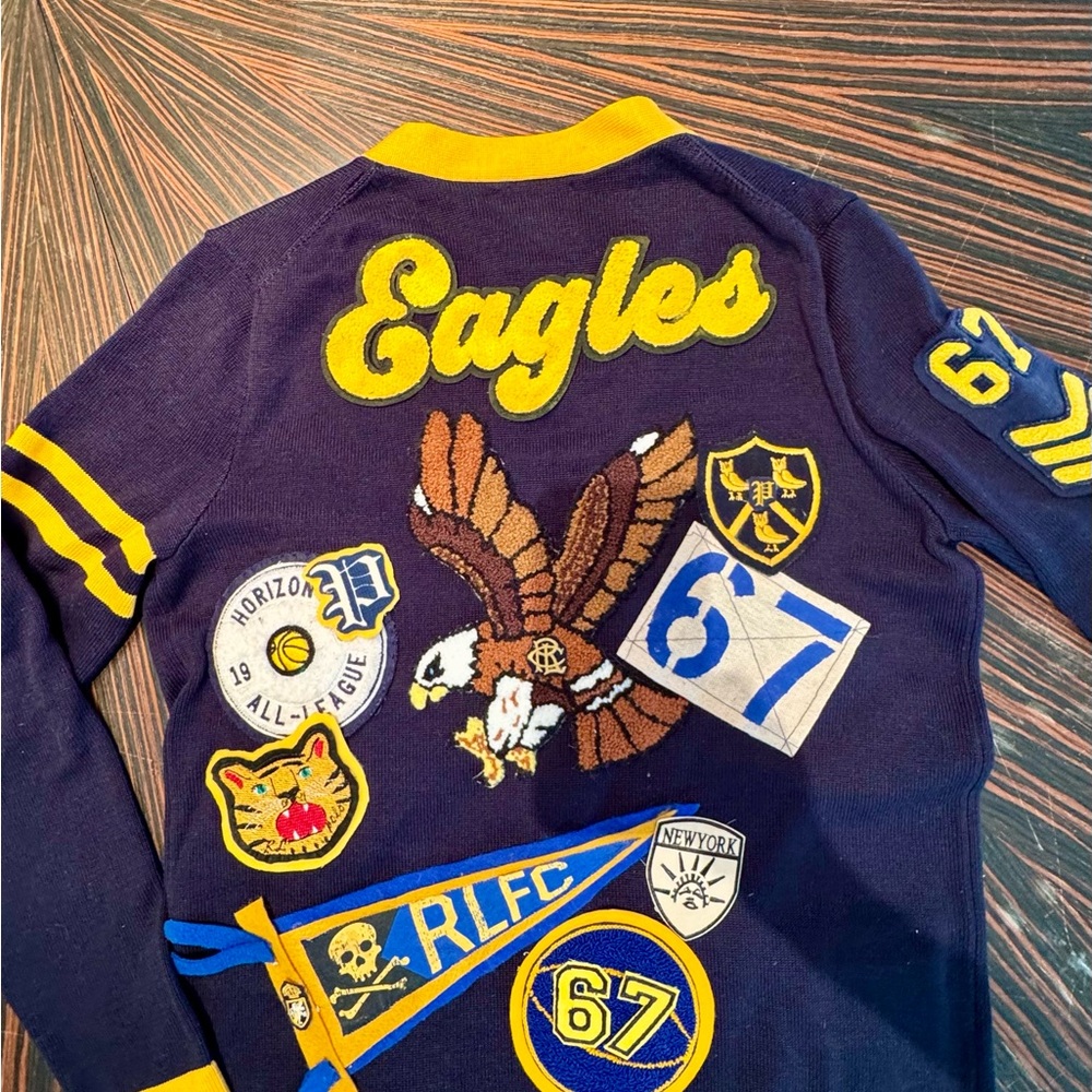 🔥🔥 HOT Polo Ralph Lauren Navy Yellow Varsity Preppy Cardigan Patches P Wing - Picture 2 of 16
